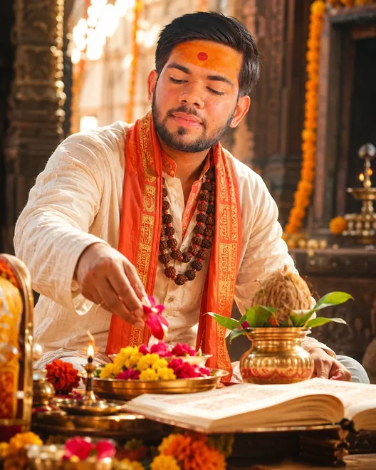 Pandit Ji portrait at ritual location in Ujjain